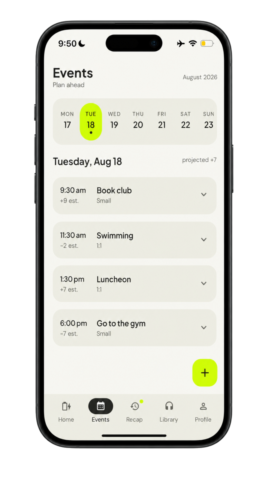 Sollyte events screen showing a week strip and estimated drain or charge per event
