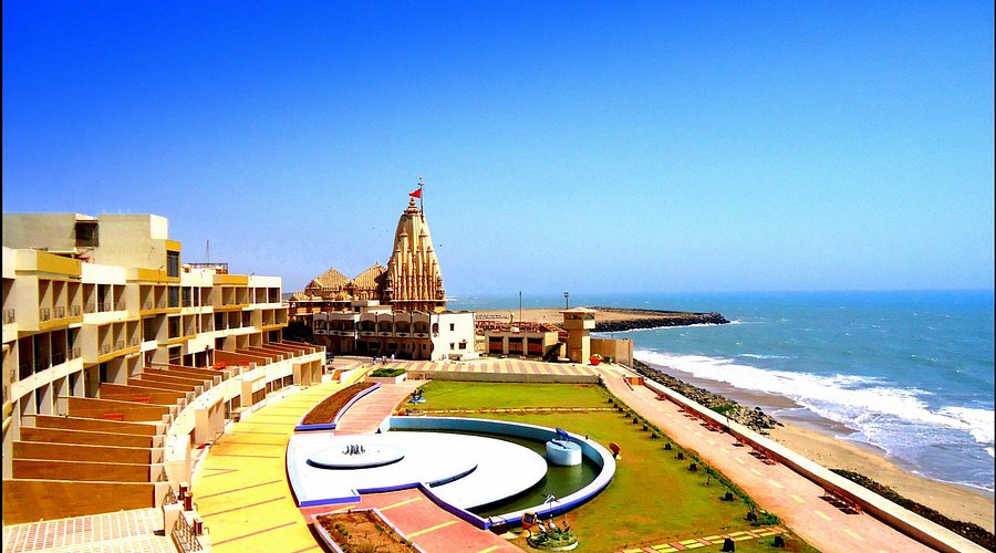 Aerial view of Sagar Darshan beside Somnath Temple and the sea - Sagar Darshan Guest House, Somnath
