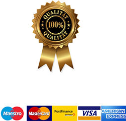 Qualität 100% – Zahlungsarten Maestro, MasterCard, PostFinance, Visa, American Express