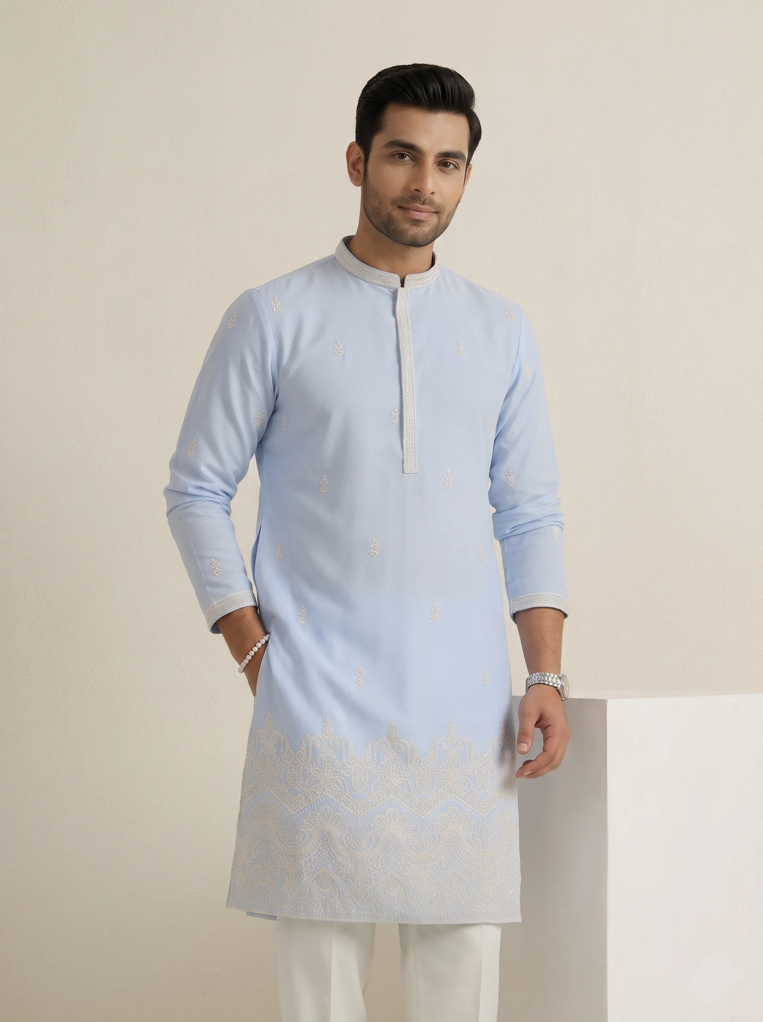 Powder Blue Chikan Embroidered Kurta