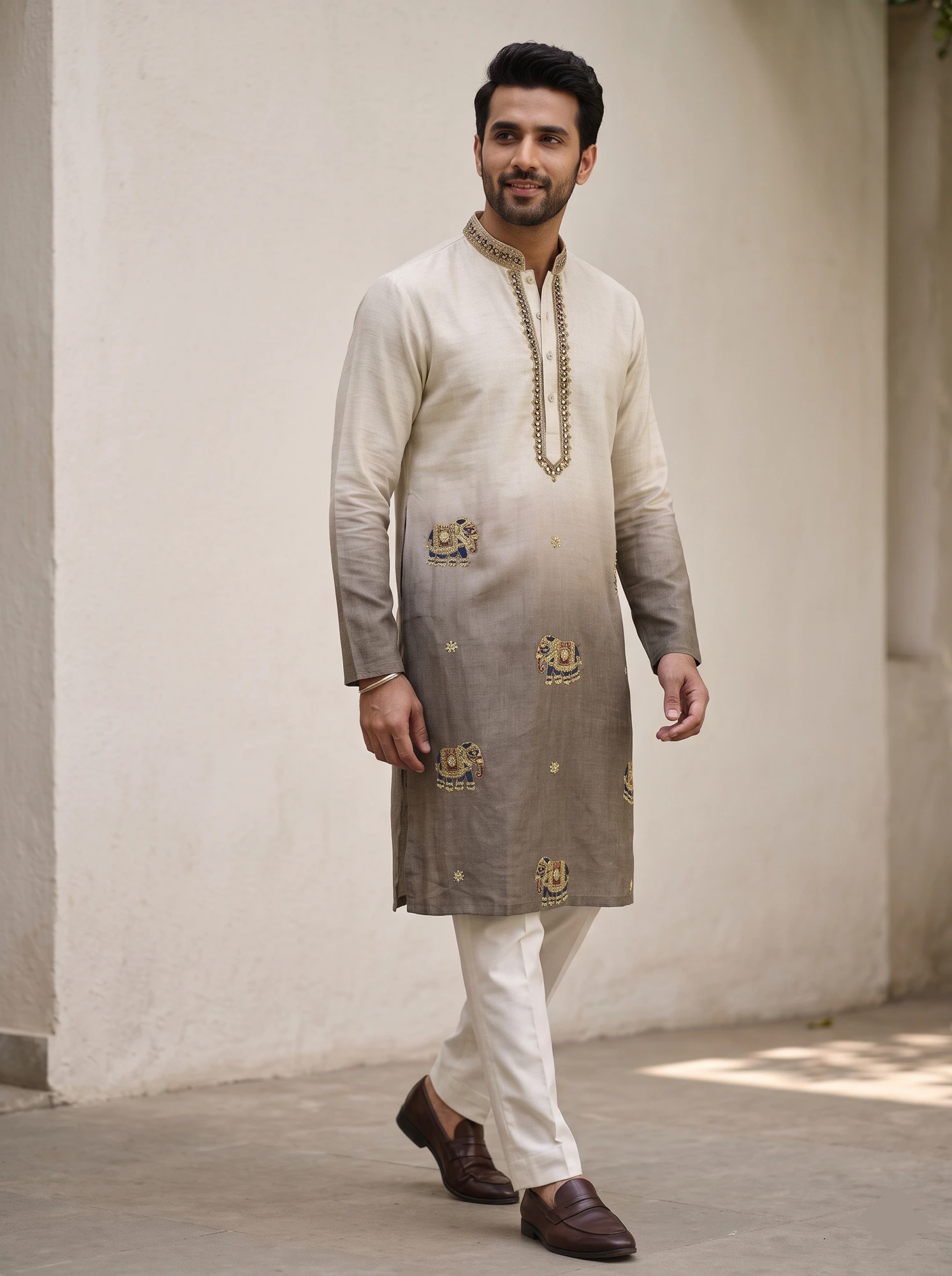 Ash Grey Elephant Motif Kurta