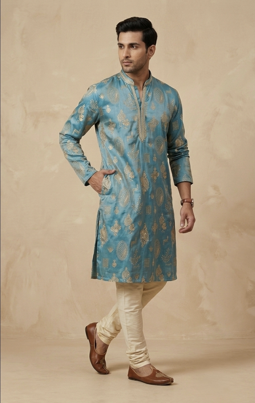 Teal Zari Woven Kurta
