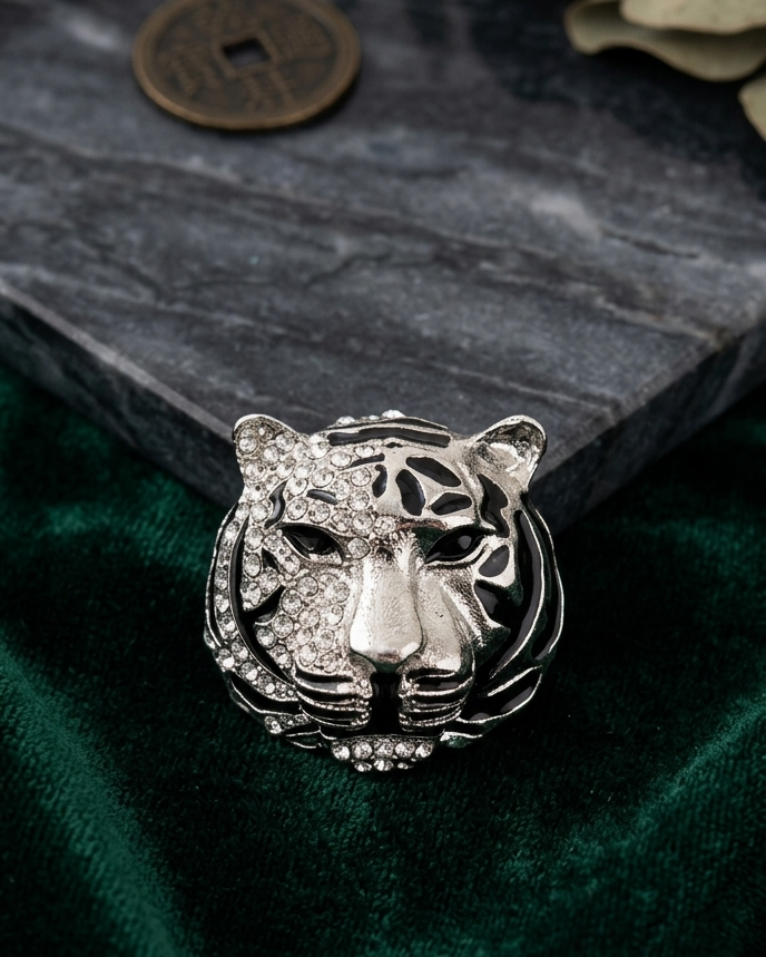 Silver Tiger Head Brooch