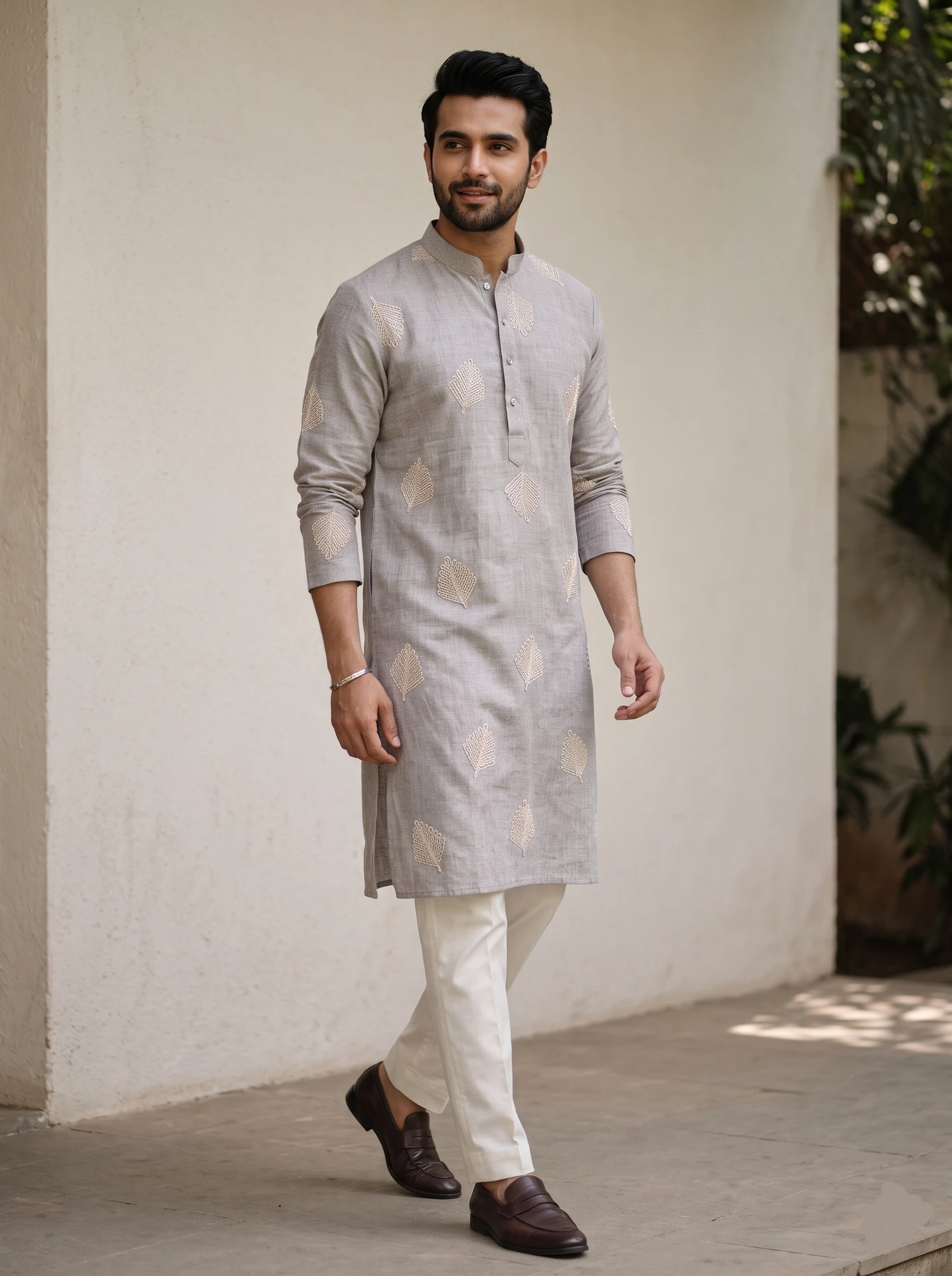 Grey Leaf Motif Kurta