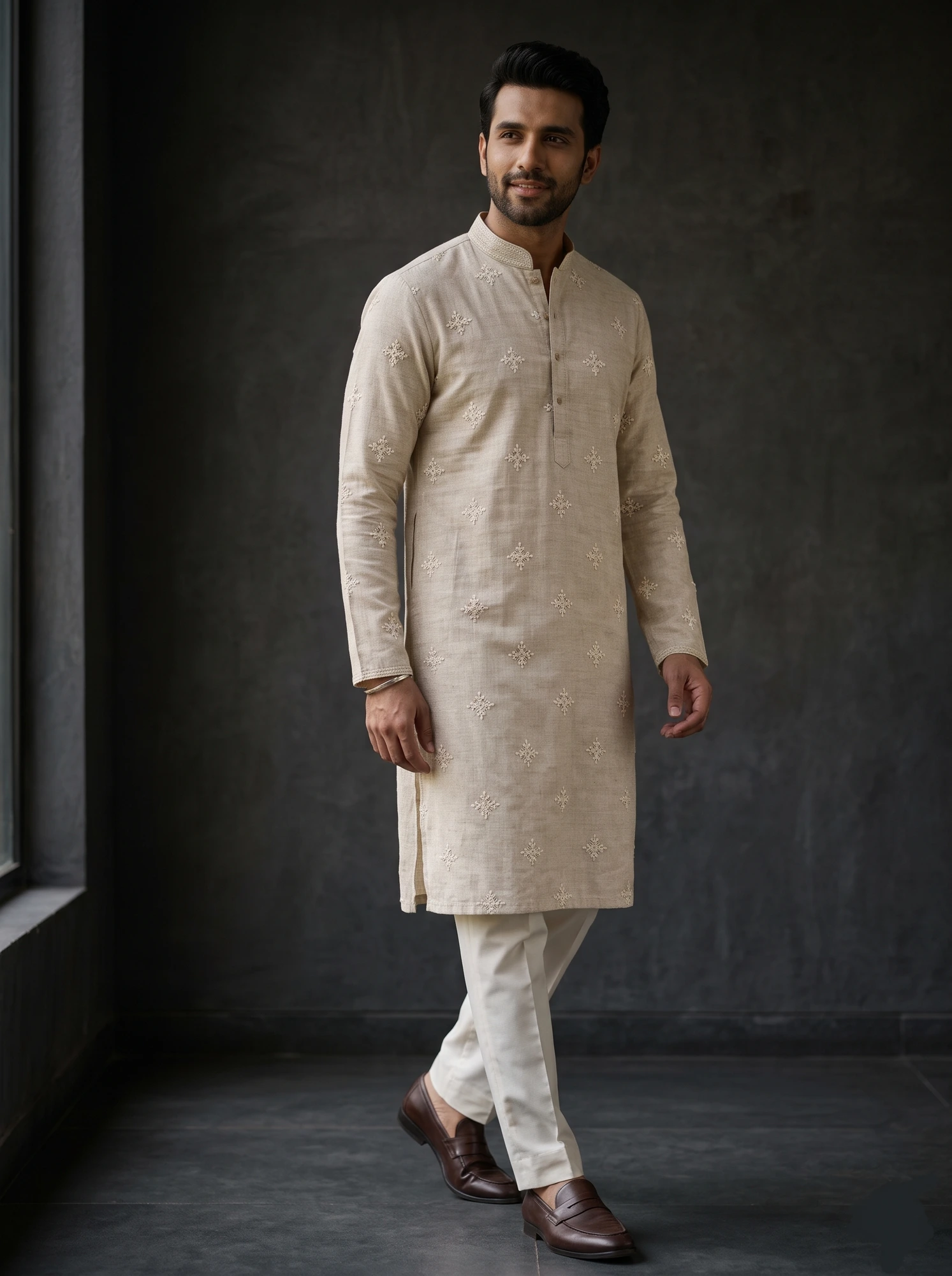 Beige Floral Buti Kurta
