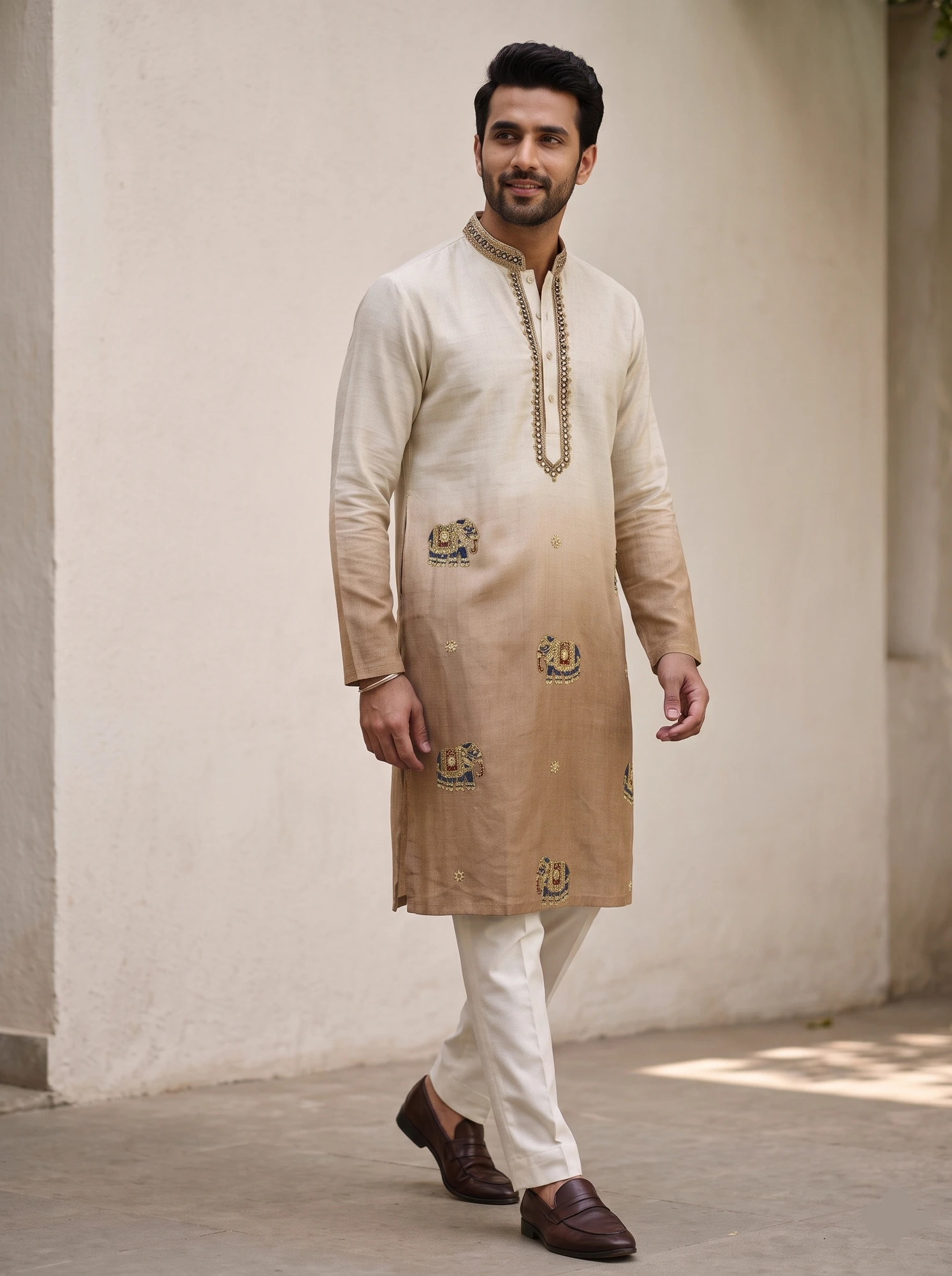 Sand Beige Elephant Motif Kurta