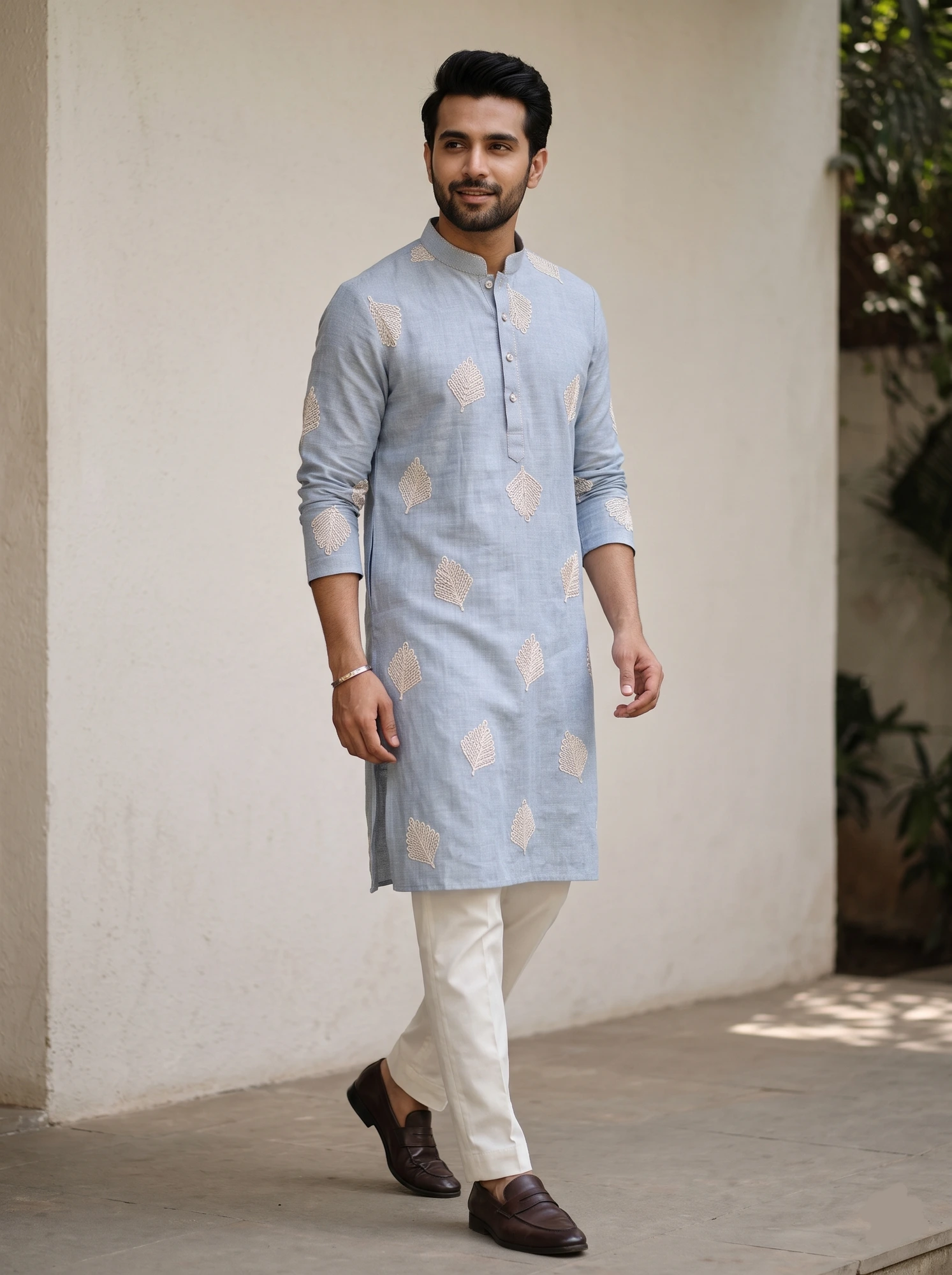 Sky Blue Leaf Motif Kurta