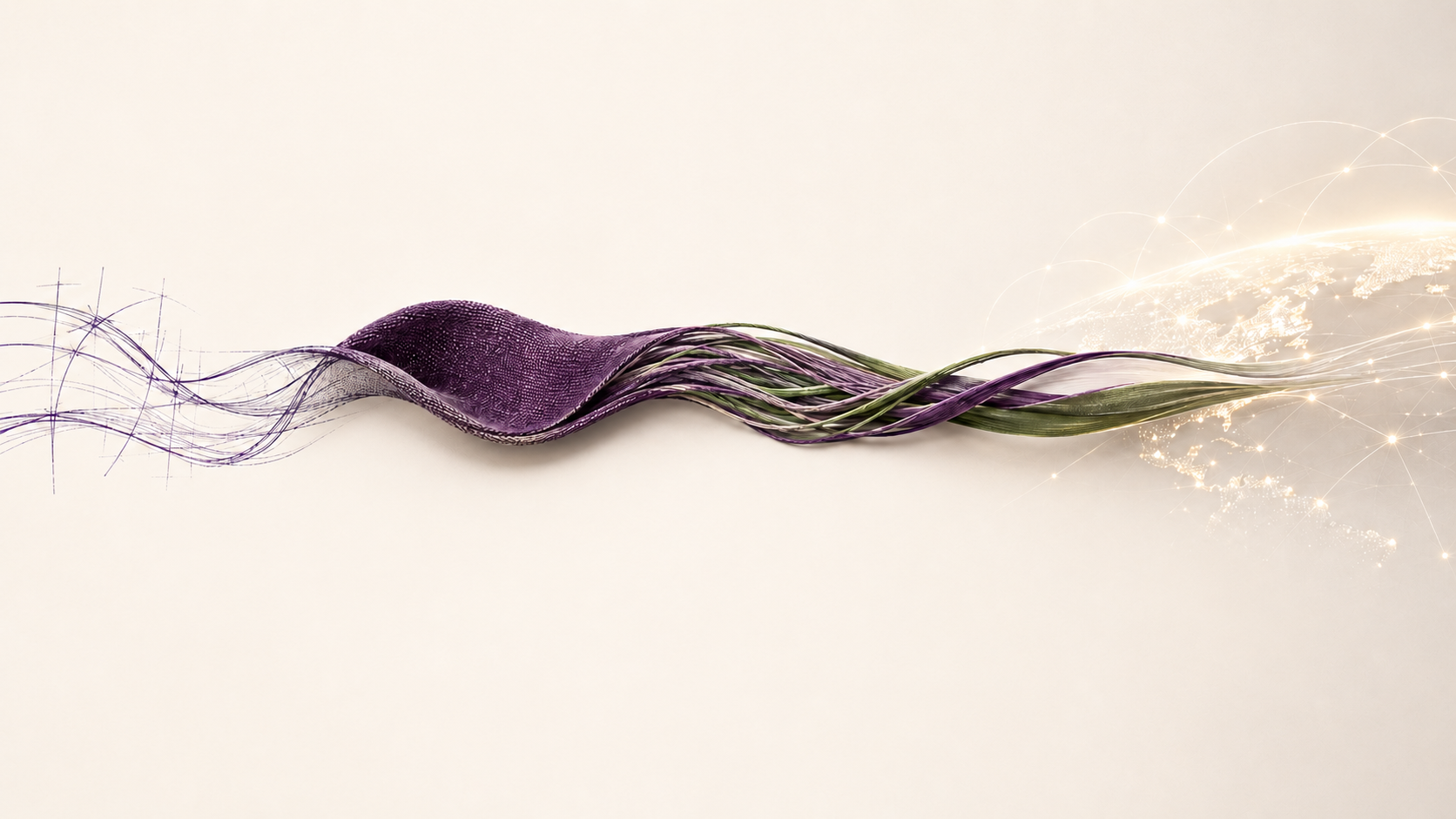 A flowing textile ribbon transitioning from sketch threads to woven purple fabric, into intertwined purple and green strands, and ending in a subtle illuminated global network — representing the Nyle Apparel journey from idea to global scale.